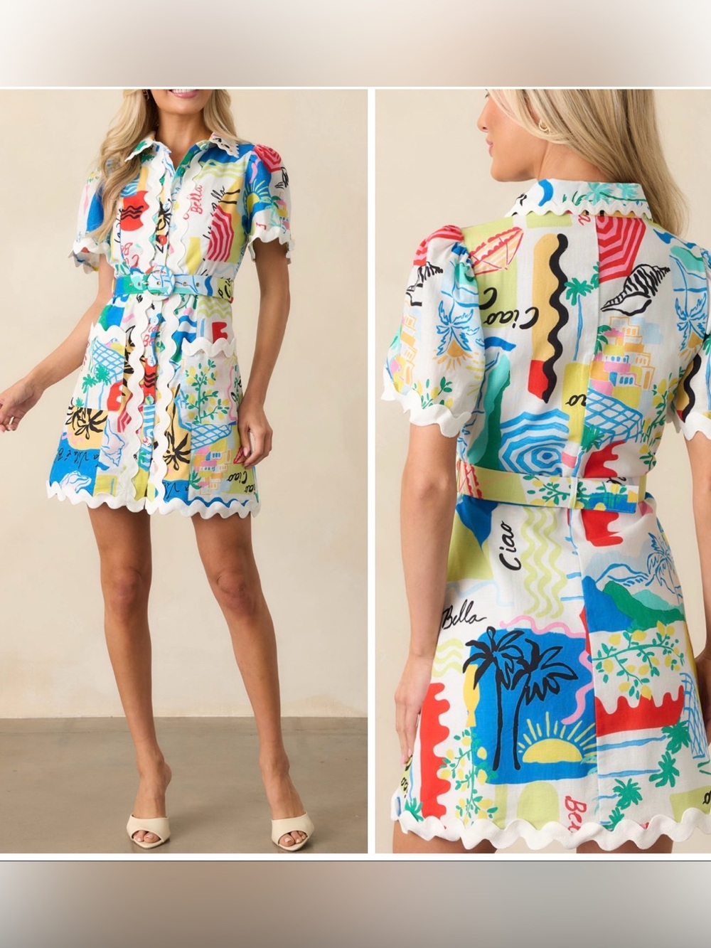 PROSPERINA BEATRICE MULTI TROPICAL
PRINT LINEN BELTED MINI DRESS size Medium